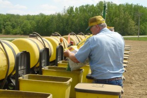 Bob Hustedt loading the variable-rate planter